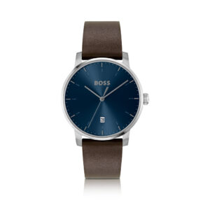 Hugo Boss Armbanduhr mit Lederarmband in braun und blauem Ziffernblatt
